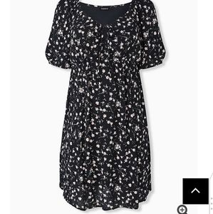 FLORAL CRINKLED GAUZE PUFF SLEEVE PEASANT DRESS